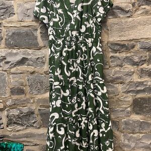 Anthropologie Green and White Flutter Sleeve Maxi Dress